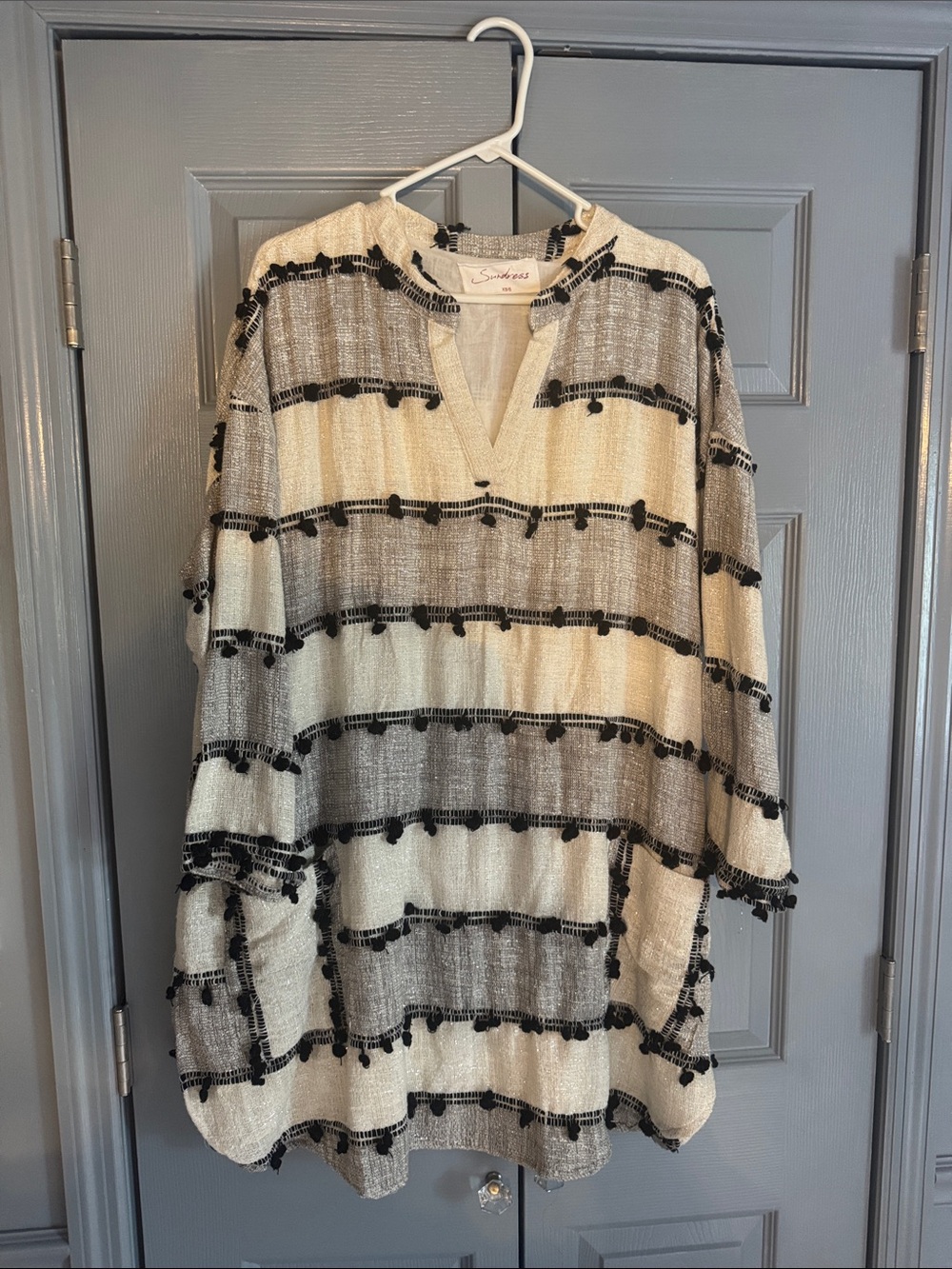 Black & Cream Striped Tassel Knit Dress